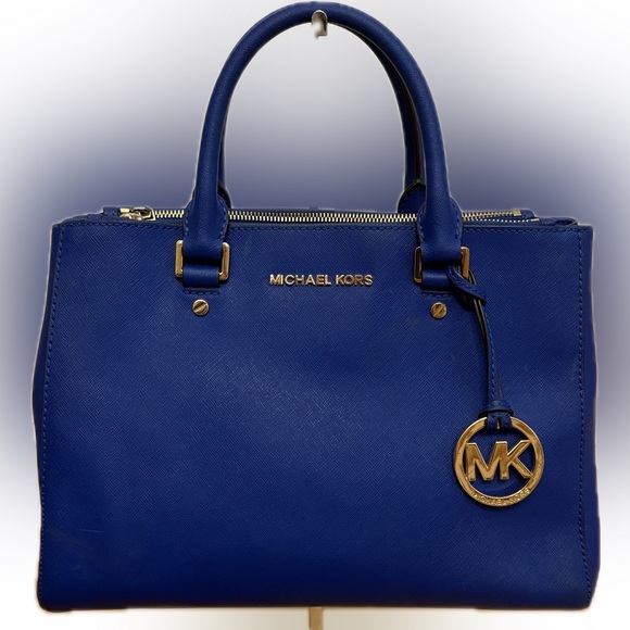 Michael Kors Blue Saffiano Leather Medium Sutton Tote gold MK shoulder bag - Picture 1 of 16